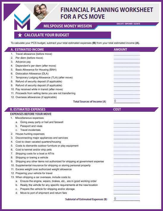 Permanent Change of Station Spending Worksheet